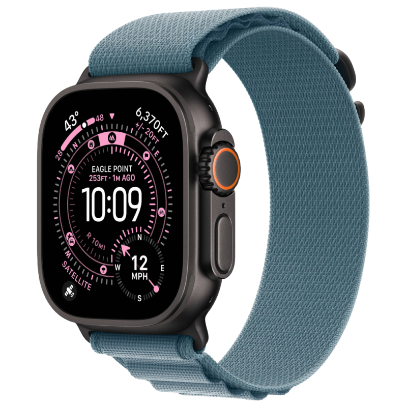 Фото Apple Watch Ultra 3 GPS + Cellular, 49 мм, корпус из чёрного титана, ремешок Alpine, цвет светло-синий, S На фото изображено Apple Watch Ultra 3 GPS + Cellular, 49 мм, корпус из чёрного титана, ремешок Alpine, цвет светло-синий, S