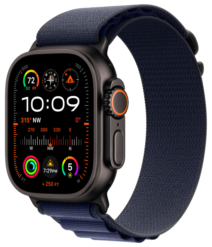 Apple Watch Ultra 2 GPS + Cellular, 49 мм, корпус из черного титана, ремешок Alpine темно-синего цвета, размер M Apple Watch Ultra 2 GPS + Cellular, 49 мм, корпус из черного титана, ремешок Alpine темно-синего цвета, размер M
