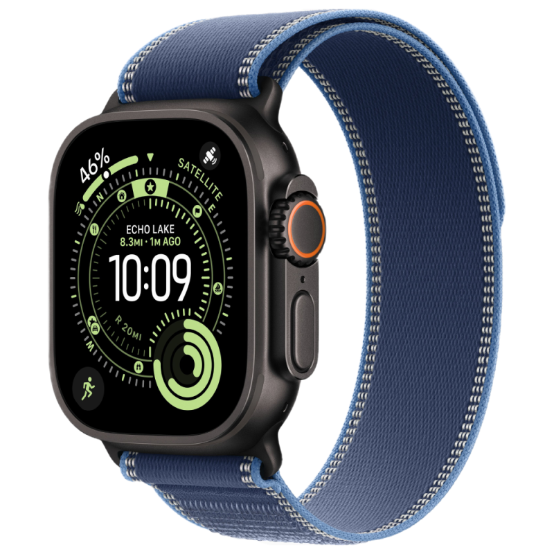 Фото Apple Watch Ultra 3 GPS + Cellular, 49 мм, корпус из чёрного титана, ремешок Trail, цвет синий, S/M На фото изображено Apple Watch Ultra 3 GPS + Cellular, 49 мм, корпус из чёрного титана, ремешок Trail, цвет синий, S/M