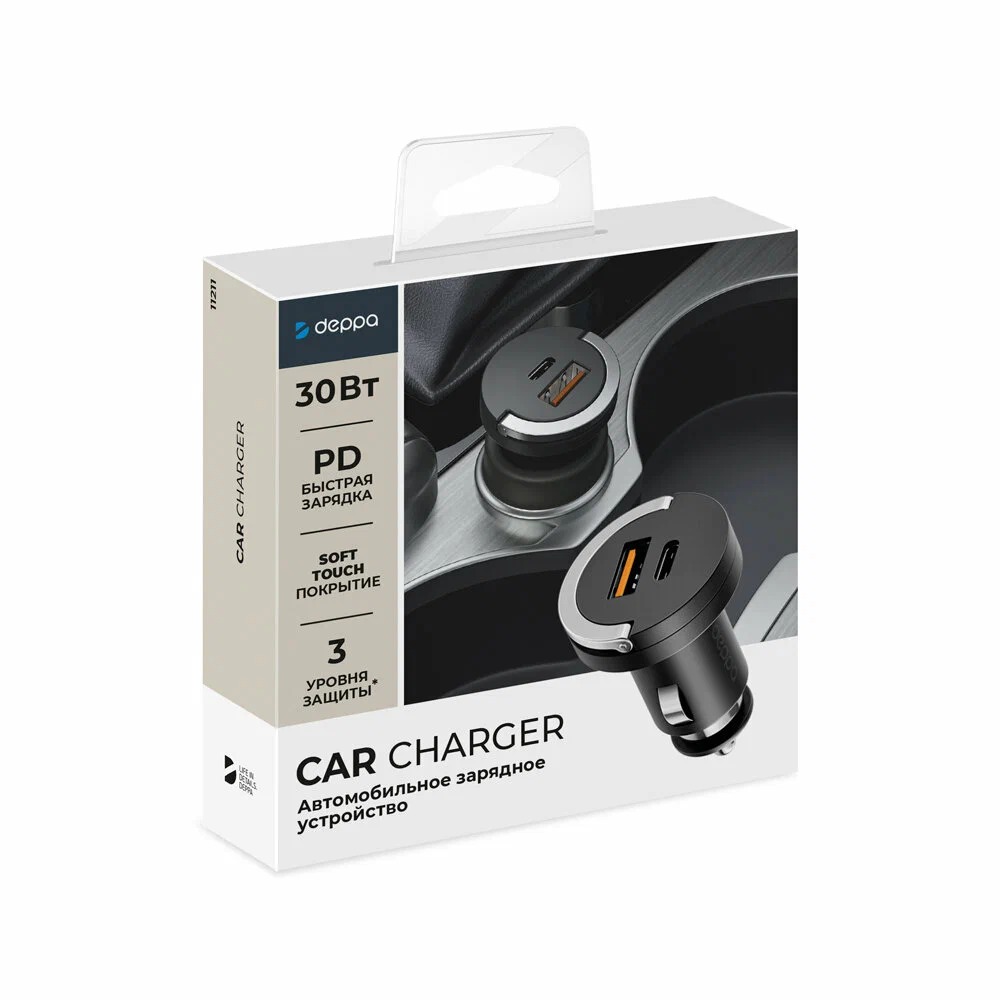 Автомобильное зарядное устройство Car Charger USB-C+USB-A, 30Вт, черный