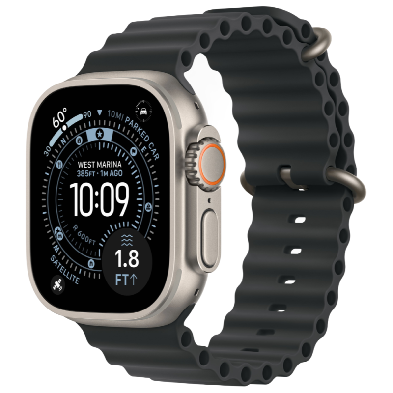Фото Apple Watch Ultra 3 GPS + Cellular, 49 мм, корпус из натурального титана, ремешок Ocean Band, цвет чёрный На фото изображено Apple Watch Ultra 3 GPS + Cellular, 49 мм, корпус из натурального титана, ремешок Ocean Band, цвет чёрный