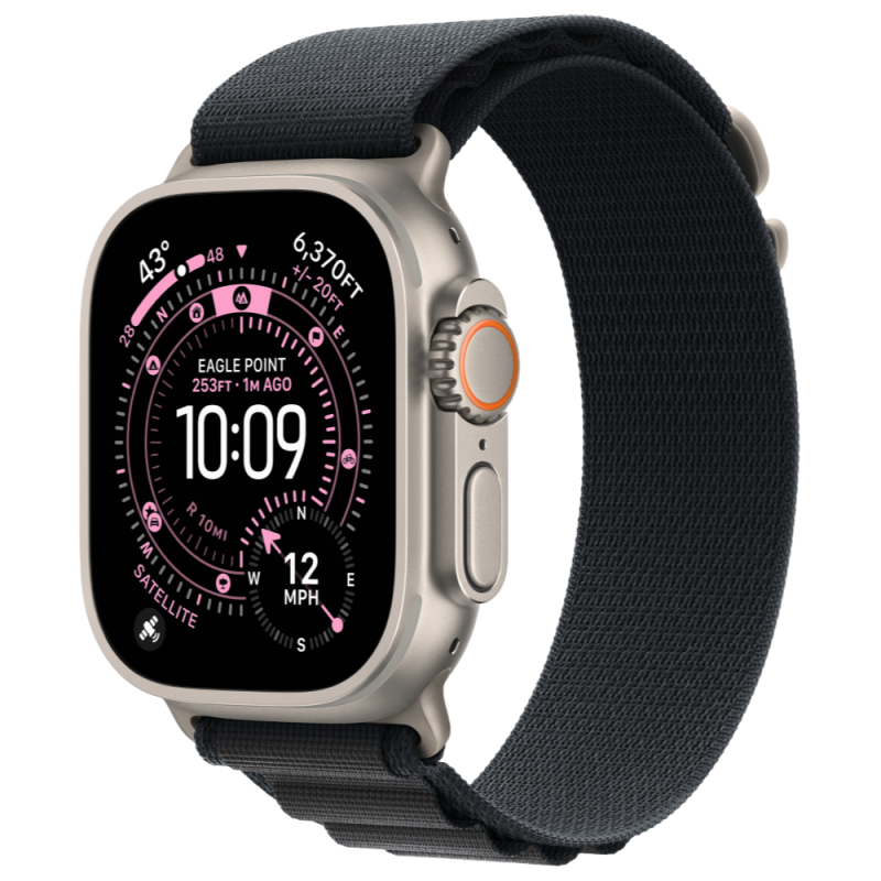 Фото Apple Watch Ultra 3 GPS + Cellular, 49 мм, корпус из натурального титана, ремешок Alpine, цвет чёрный, M На фото изображено Apple Watch Ultra 3 GPS + Cellular, 49 мм, корпус из натурального титана, ремешок Alpine, цвет чёрный, M