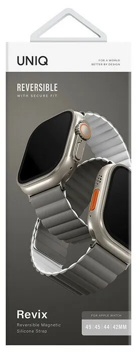 На фото изображено Ремешок силиконовый двусторонний Uniq для Apple Watch (44,45,46,49 мм), серый-белый
