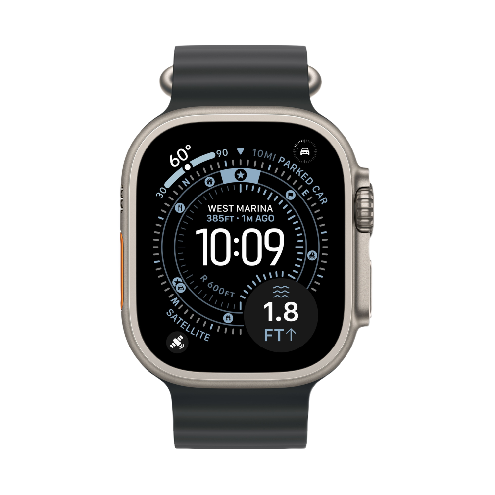 Фото Apple Watch Ultra 3 GPS + Cellular, 49 мм, корпус из натурального титана, ремешок Ocean Band, цвет чёрный На фото изображено Apple Watch Ultra 3 GPS + Cellular, 49 мм, корпус из натурального титана, ремешок Ocean Band, цвет чёрный