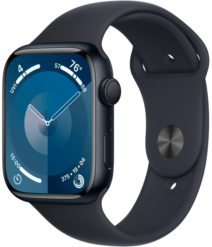 Apple Watch Series 9, 45 мм, корпус из алюминия цвета «Тёмная ночь», спортивный ремешок, размер M/L Apple Watch Series 9, 45 мм, корпус из алюминия цвета «Тёмная ночь», спортивный ремешок, размер M/L