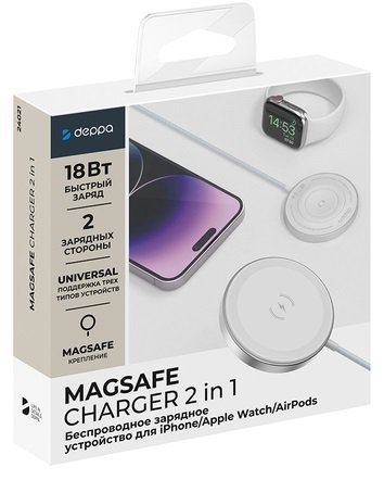 Беспроводное зарядное устройство Deppa QI Fast Charge, 2в1, белый