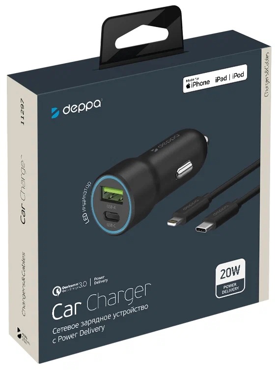 Автомобильное зарядное устройство Deppa USB-C+USB-A, 20 Вт, черный