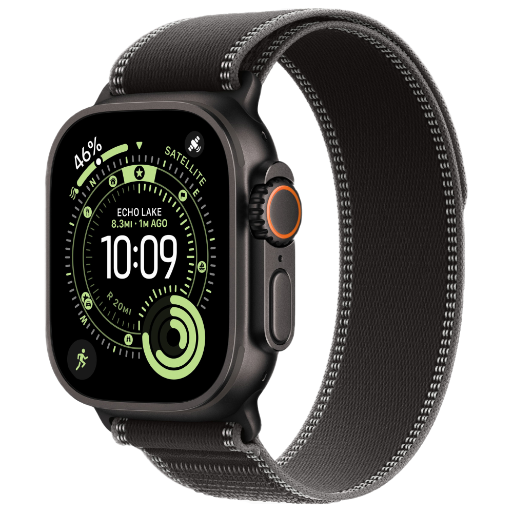 На фото изображено Apple Watch Ultra 3 GPS + Cellular, 49 мм, корпус из чёрного титана, ремешок Trail, цвет чёрный, S/M