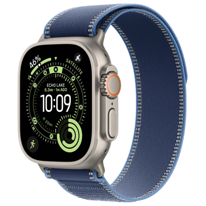 Фото Apple Watch Ultra 3 GPS + Cellular, 49 мм, корпус из натурального титана, ремешок Trail, цвет синий, S/M На фото изображено Apple Watch Ultra 3 GPS + Cellular, 49 мм, корпус из натурального титана, ремешок Trail, цвет синий, S/M