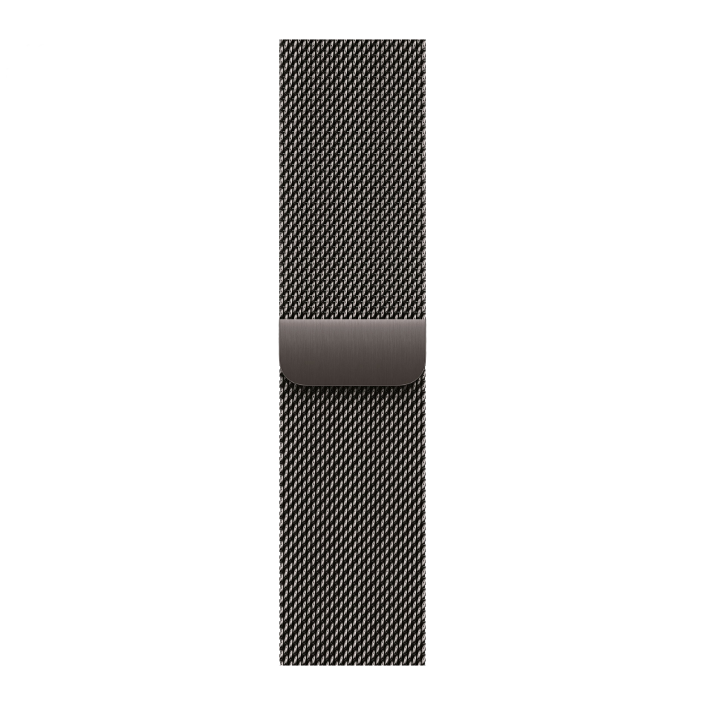 На фото изображено Apple Watch Series 11, 42 мм, корпус из титана цвета «серый», ремешок Milanese серого цвета, размер M/L